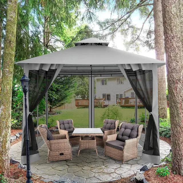 Alt view image 7 of 7 - Gazebo 10x10 Heavy Duty Gazebos with Improved Nettings Outdoor Gazebo Double Roof Patio Gazebos with Metal Steel Frame Outdoor Canopy for Patio, Deck, Backyard (Gray)