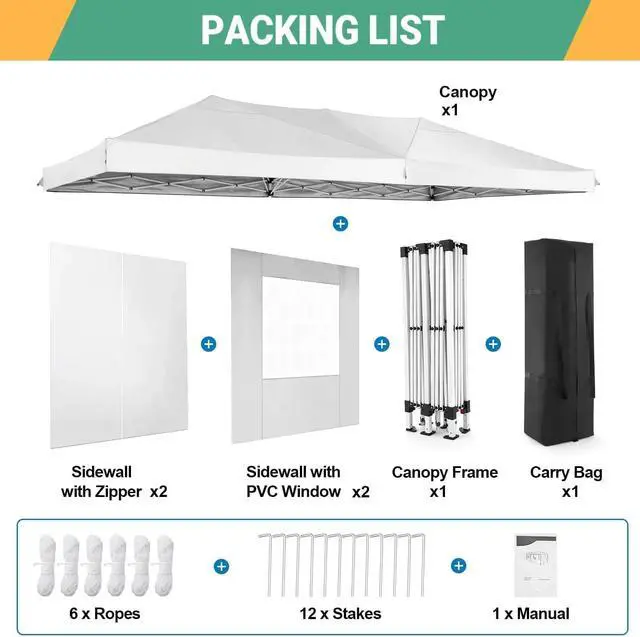 Alt view image 7 of 7 - 10x20 One Push Easy Up Pop Up Canopy Tent with 6 Sidewalls, White