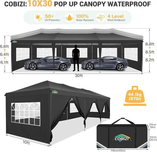 Alt view image 2 of 7 - 10x30 One Push Easy Up Pop Up Canopy Tent with 8 Sidewalls, Black