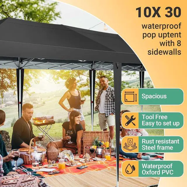 Alt view image 6 of 7 - 10x30 One Push Easy Up Pop Up Canopy Tent with 8 Sidewalls, Black