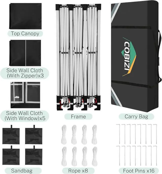 Alt view image 7 of 7 - 10x30 One Push Easy Up Pop Up Canopy Tent with 8 Sidewalls, Black