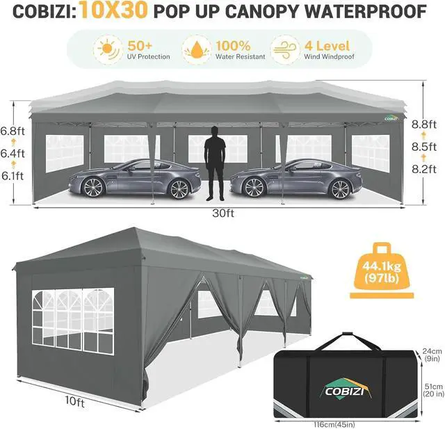 Alt view image 2 of 7 - 10x30 Pop Up Canopy Tent with 8 Sidewalls Party Tents for Parties Weddings Backyard Waterproof Commercial Instant Outdoor Events Tent with Stakes, Ropes,Sandbags10 x 30 ft Gray