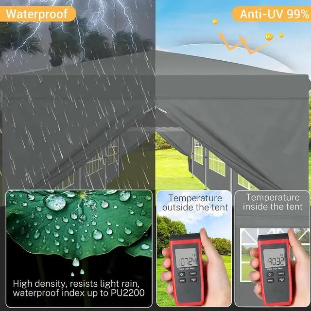 Alt view image 3 of 7 - 10x30 Pop Up Canopy Tent with 8 Sidewalls Party Tents for Parties Weddings Backyard Waterproof Commercial Instant Outdoor Events Tent with Stakes, Ropes,Sandbags10 x 30 ft Gray