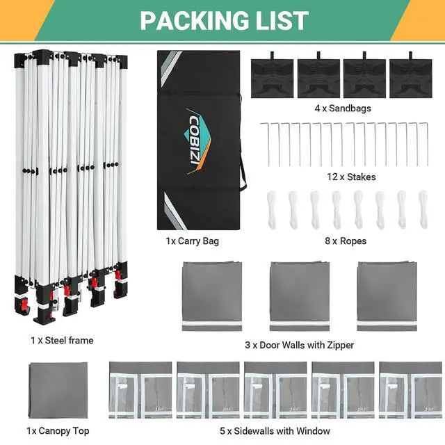Alt view image 6 of 7 - 10x30 Pop Up Canopy Tent with 8 Sidewalls Party Tents for Parties Weddings Backyard Waterproof Commercial Instant Outdoor Events Tent with Stakes, Ropes,Sandbags10 x 30 ft Gray