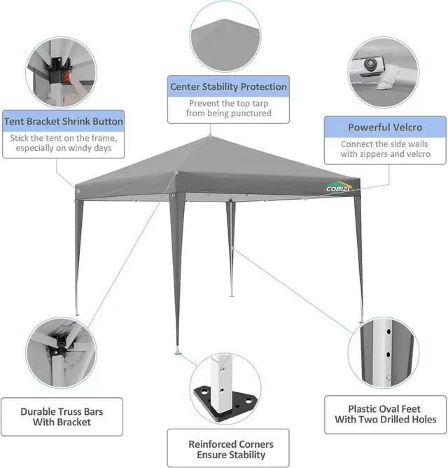 Alt view image 6 of 7 - 10x10 One Push Easy Up Pop Up Canopy Tent with 4 Sidewalls, Gray