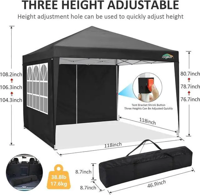 Alt view image 3 of 7 - 10x10 One Push Easy Up Pop Up Canopy Tent with 4 Sidewalls, Black