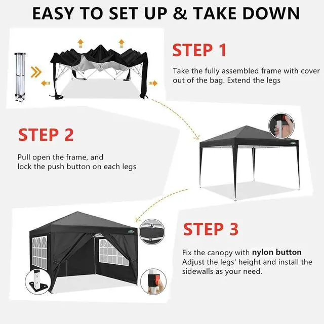 Alt view image 6 of 7 - 10x10 One Push Easy Up Pop Up Canopy Tent with 4 Sidewalls, Black
