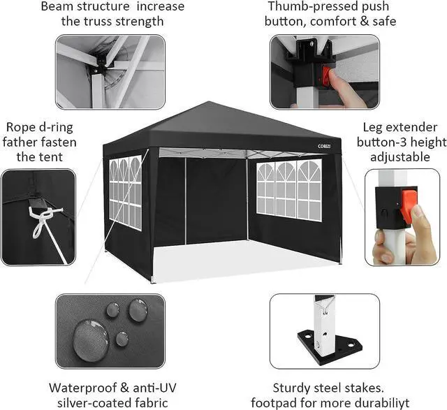 Alt view image 5 of 7 - 10x10 One Push Easy Up Pop Up Canopy Tent with 4 Sidewalls, Black