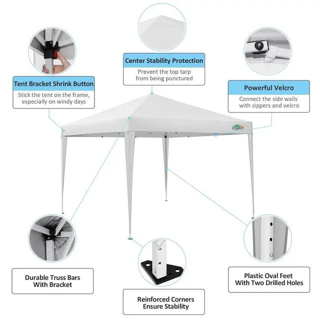 Alt view image 5 of 7 - 10x10 One Push Easy Up Pop Up Canopy Tent with 4 Sidewalls, White