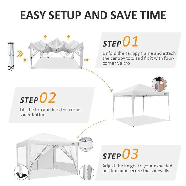 Alt view image 6 of 7 - 10x10 One Push Easy Up Pop Up Canopy Tent with 4 Sidewalls, White