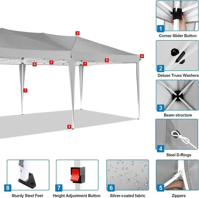 Alt view image 2 of 7 - 10x20 One Push Easy Up Pop Up Canopy Tent with 6 Sidewalls, Gray