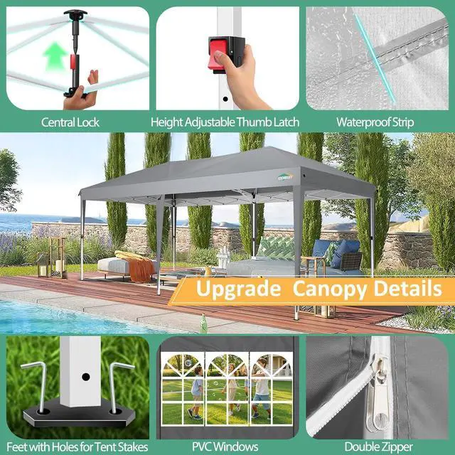 Alt view image 3 of 7 - 10x20 One Push Easy Up Pop Up Canopy Tent with 6 Sidewalls, Gray