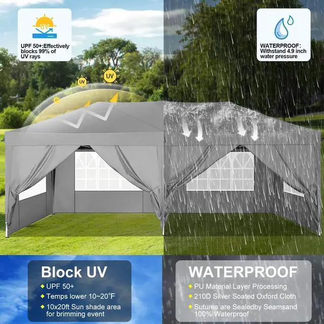 Alt view image 5 of 7 - 10x20 One Push Easy Up Pop Up Canopy Tent with 6 Sidewalls, Gray