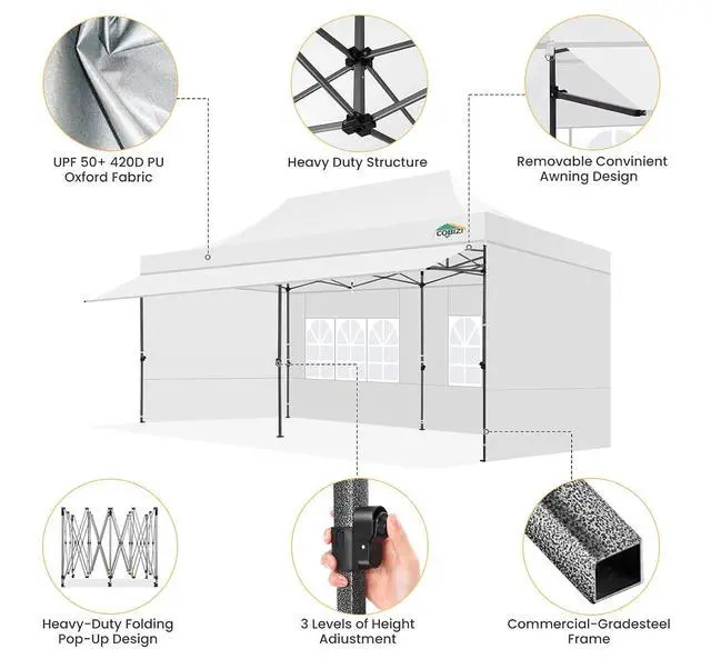 Alt view image 5 of 7 - 10x20 Pop Up Canopy Tent with Awning & Removable Sidewalls, Heavy Duty Commercial Gazebo, Waterproof UPF 50+ Instant Portable Event Tent for Outdoor Party, Wedding, Market, White