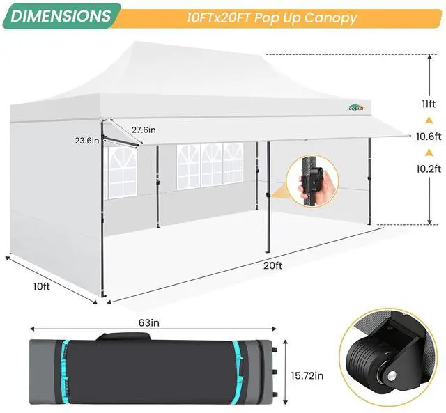 Alt view image 7 of 7 - 10x20 Pop Up Canopy Tent with Awning & Removable Sidewalls, Heavy Duty Commercial Gazebo, Waterproof UPF 50+ Instant Portable Event Tent for Outdoor Party, Wedding, Market, White