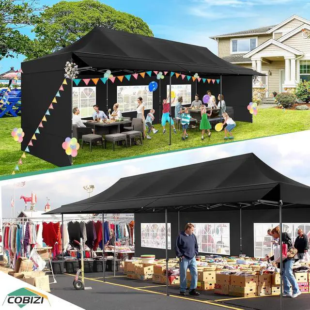 Alt view image 2 of 7 - 10x30 Pop Up Canopy Tent with Awning & Sidewalls, Heavy Duty Commercial 10X30 Canopy Tents Instant Waterproof, UPF 50+ Sun Shade for Outdoor, Parties, Markets (Black)