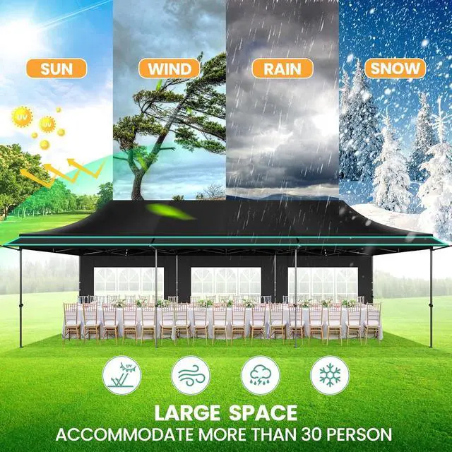 Alt view image 3 of 7 - 10x30 Pop Up Canopy Tent with Awning & Sidewalls, Heavy Duty Commercial 10X30 Canopy Tents Instant Waterproof, UPF 50+ Sun Shade for Outdoor, Parties, Markets (Black)