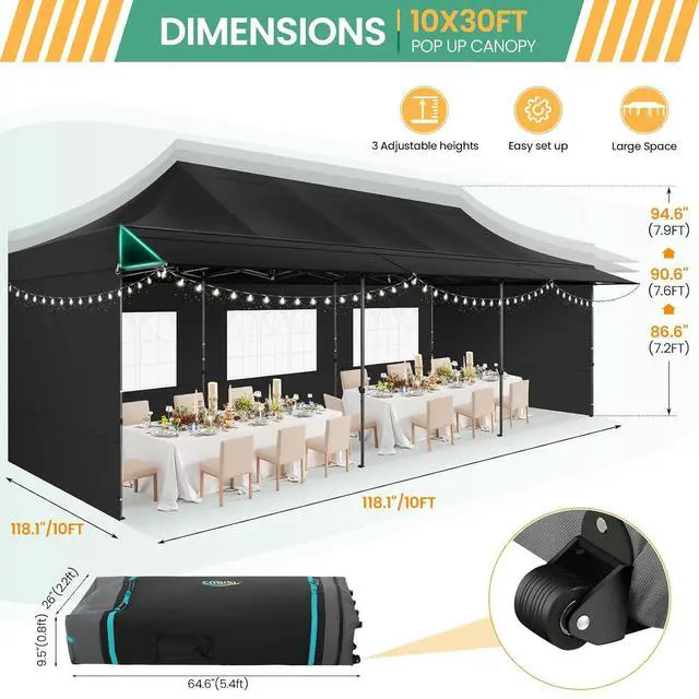 Alt view image 4 of 7 - 10x30 Pop Up Canopy Tent with Awning & Sidewalls, Heavy Duty Commercial 10X30 Canopy Tents Instant Waterproof, UPF 50+ Sun Shade for Outdoor, Parties, Markets (Black)