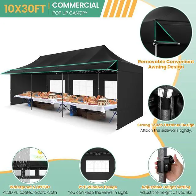 Alt view image 6 of 7 - 10x30 Pop Up Canopy Tent with Awning & Sidewalls, Heavy Duty Commercial 10X30 Canopy Tents Instant Waterproof, UPF 50+ Sun Shade for Outdoor, Parties, Markets (Black)