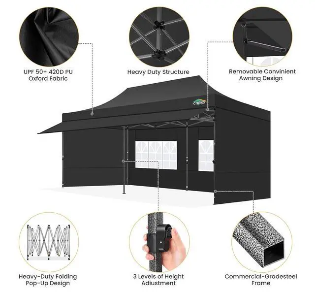 Alt view image 3 of 7 - 10x20 Pop Up Canopy Tent with Awning & Sidewalls, Heavy Duty Commercial 10X20 Canopy Tents Instant Waterproof, UPF 50+ Sun Shade for Outdoor, Parties, Markets (Black)