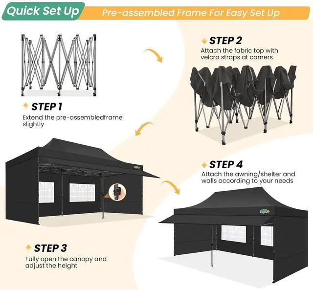 Alt view image 7 of 7 - 10x20 Pop Up Canopy Tent with Awning & Sidewalls, Heavy Duty Commercial 10X20 Canopy Tents Instant Waterproof, UPF 50+ Sun Shade for Outdoor, Parties, Markets (Black)