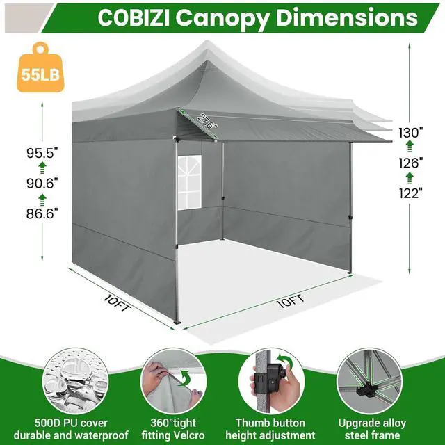 Alt view image 7 of 7 - 10x10 Pop Up Canopy Tent with Awning & Sidewalls, Heavy Duty Commercial 10X10 Canopy Tents Instant Waterproof, UPF 50+ Sun Shade for Outdoor, Parties, Markets (Gray)