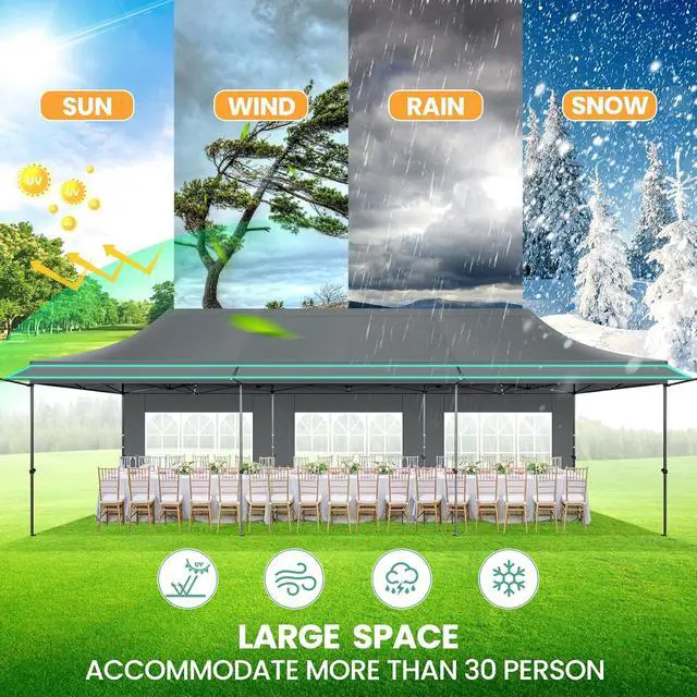 Alt view image 3 of 7 - 10x30 Pop Up Canopy Tent with Awning & Sidewalls, Heavy Duty Commercial 10X30 Canopy Tents Instant Waterproof, UPF 50+ Sun Shade for Outdoor, Parties, Markets (Gray)