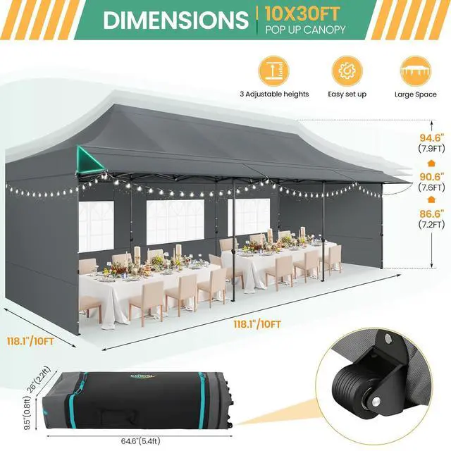 Alt view image 4 of 7 - 10x30 Pop Up Canopy Tent with Awning & Sidewalls, Heavy Duty Commercial 10X30 Canopy Tents Instant Waterproof, UPF 50+ Sun Shade for Outdoor, Parties, Markets (Gray)