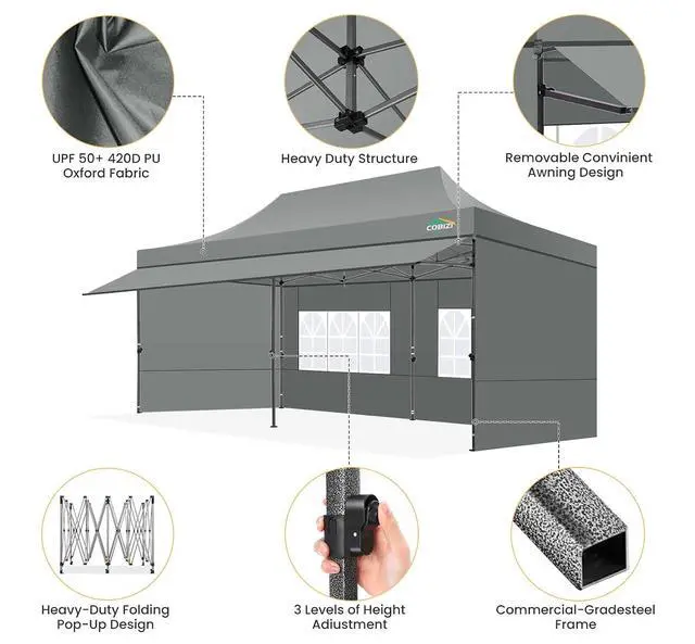 Alt view image 5 of 7 - 10x20 Pop Up Canopy Tent with Awning & Sidewalls, Heavy Duty Commercial 10X20 Canopy Tents Instant Waterproof, UPF 50+ Sun Shade for Outdoor, Parties, Markets (Gray)