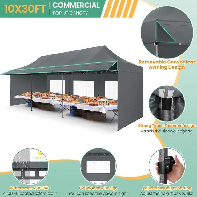 Alt view image 6 of 7 - 10x30 Pop Up Canopy Tent with Awning & Sidewalls, Heavy Duty Commercial 10X30 Canopy Tents Instant Waterproof, UPF 50+ Sun Shade for Outdoor, Parties, Markets (Gray)