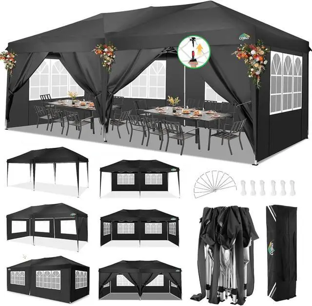 Main image of 10x20 One Push Easy Up Pop Up Canopy Tent with 6 Sidewalls, Black