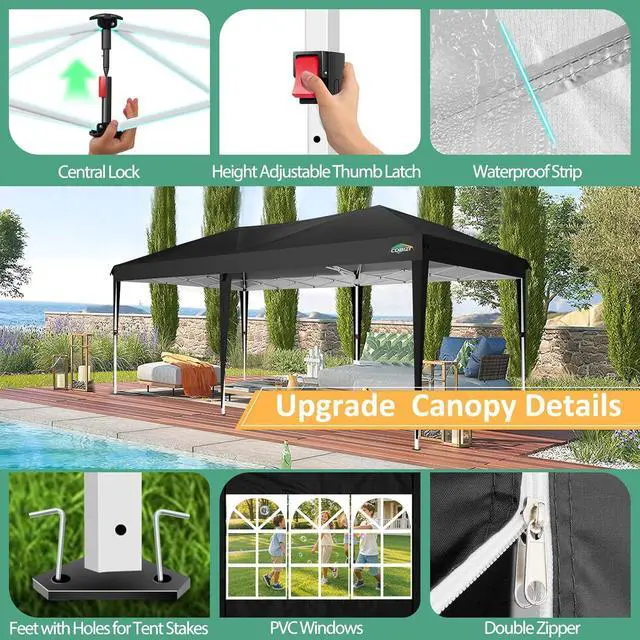 Alt view image 2 of 7 - 10x20 One Push Easy Up Pop Up Canopy Tent with 6 Sidewalls, Black