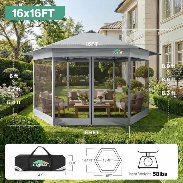 Alt view image 4 of 7 - 16x16 Pop Up Gazebo with Mosquito Netting, Waterproof, Light Gray
