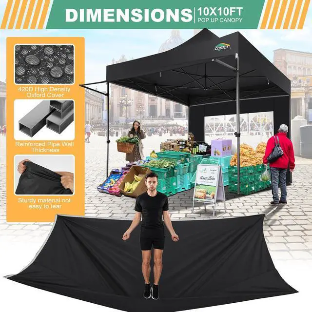 Alt view image 5 of 7 - 10x10 Pop Up Canopy Tent with Awning & Sidewalls, Heavy Duty Commercial 10X10 Canopy Tents Instant Waterproof, UPF 50+ Sun Shade for Outdoor, Parties, Markets (Black)