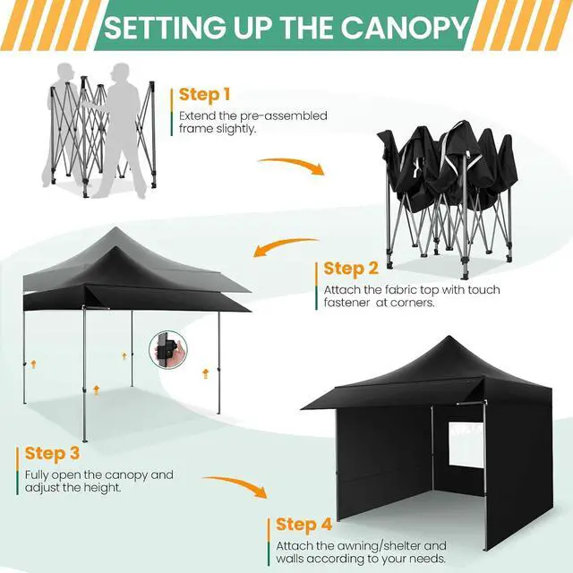 Alt view image 7 of 7 - 10x10 Pop Up Canopy Tent with Awning & Sidewalls, Heavy Duty Commercial 10X10 Canopy Tents Instant Waterproof, UPF 50+ Sun Shade for Outdoor, Parties, Markets (Black)