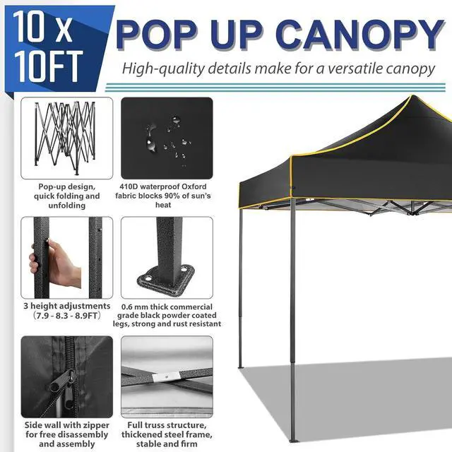 Alt view image 4 of 7 - 10x10 Heavy Duty Pop up Canopy Tent with 4 Removable Sidewalls, Ez Pop up Canopy with Portable Bag, Commercial Gazebo Waterproof Sunshade for All Weather Party Camp Stall Patio