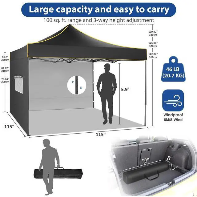 Alt view image 6 of 7 - 10x10 Heavy Duty Pop up Canopy Tent with 4 Removable Sidewalls, Ez Pop up Canopy with Portable Bag, Commercial Gazebo Waterproof Sunshade for All Weather Party Camp Stall Patio