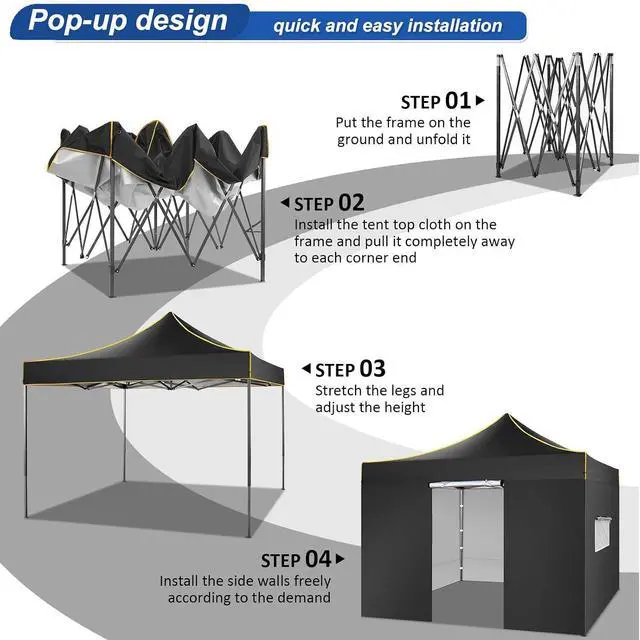 Alt view image 5 of 7 - 10x10 Heavy Duty Pop up Canopy Tent with 4 Removable Sidewalls, Ez Pop up Canopy with Portable Bag, Commercial Gazebo Waterproof Sunshade for All Weather Party Camp Stall Patio