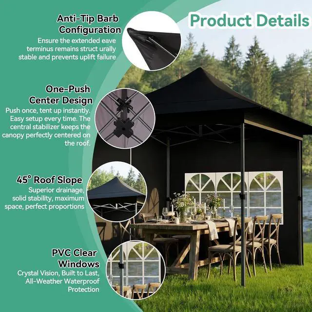 Alt view image 5 of 7 - 13x13 Pop Up Canopy Tent Heavy Duty with Sidewalls & Auto-Extending Eaves Outdoor Gazebo Easy Up for Backyard Party Commercial Events, All Weather Waterproof UV 50+ (Leg Upgraded) Black