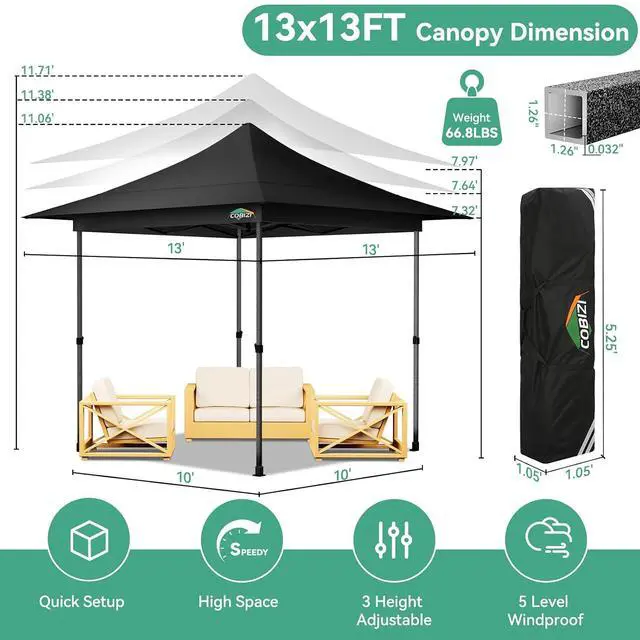 Alt view image 7 of 7 - 13x13 Pop Up Canopy Tent Heavy Duty with Sidewalls & Auto-Extending Eaves Outdoor Gazebo Easy Up for Backyard Party Commercial Events, All Weather Waterproof UV 50+ (Leg Upgraded) Black