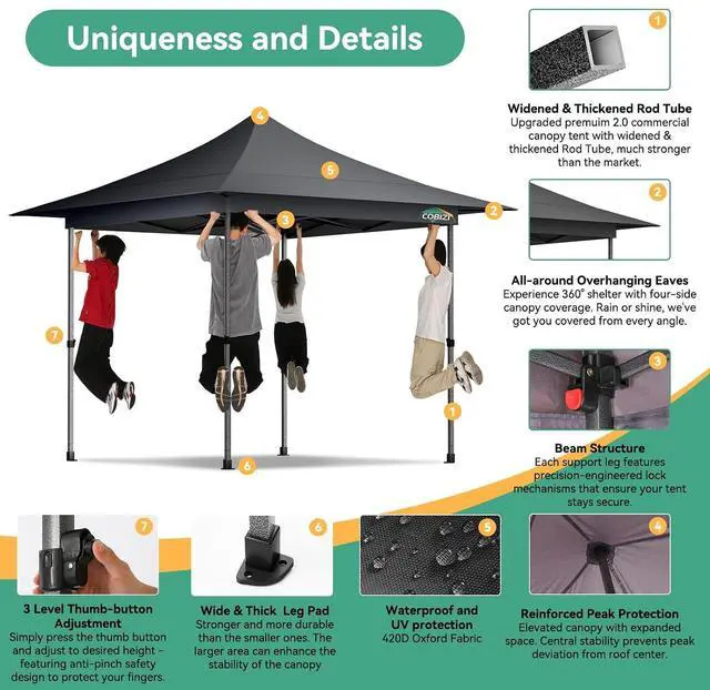Alt view image 4 of 7 - 13x13 Pop Up Canopy Tent Heavy Duty with Sidewalls & Auto-Extending Eaves Outdoor Gazebo Easy Up for Backyard Party Commercial Events, All Weather Waterproof UV 50+ (Leg Upgraded) Gray