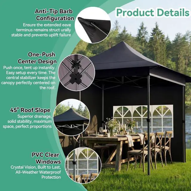 Alt view image 5 of 7 - 13x13 Pop Up Canopy Tent Heavy Duty with Sidewalls & Auto-Extending Eaves Outdoor Gazebo Easy Up for Backyard Party Commercial Events, All Weather Waterproof UV 50+ (Leg Upgraded) Gray