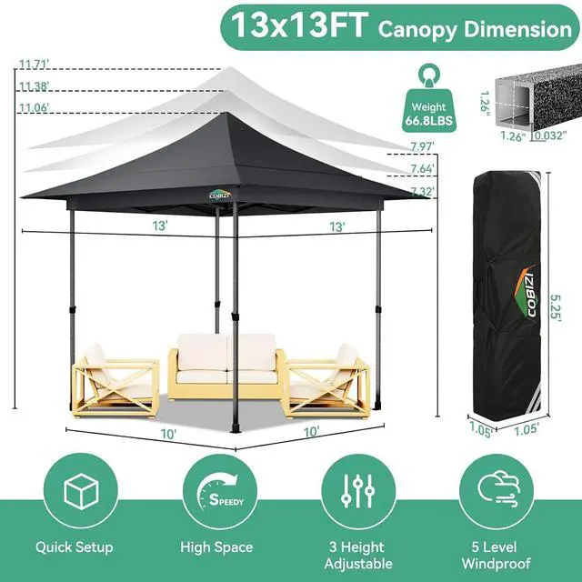 Alt view image 7 of 7 - 13x13 Pop Up Canopy Tent Heavy Duty with Sidewalls & Auto-Extending Eaves Outdoor Gazebo Easy Up for Backyard Party Commercial Events, All Weather Waterproof UV 50+ (Leg Upgraded) Gray