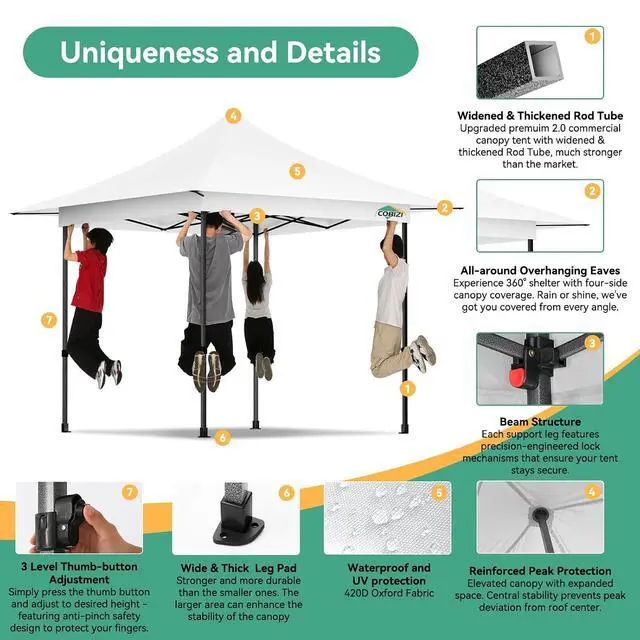 Alt view image 4 of 7 - 13x13 Pop Up Canopy Tent Heavy Duty with Sidewalls & Auto-Extending Eaves Outdoor Gazebo Easy Up for Backyard Party Commercial Events, All Weather Waterproof UV 50+(Leg Upgraded) White