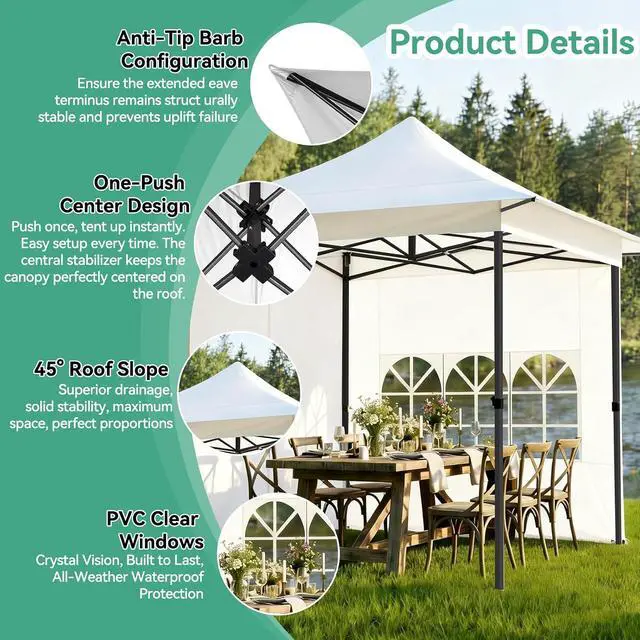 Alt view image 5 of 7 - 13x13 Pop Up Canopy Tent Heavy Duty with Sidewalls & Auto-Extending Eaves Outdoor Gazebo Easy Up for Backyard Party Commercial Events, All Weather Waterproof UV 50+(Leg Upgraded) White