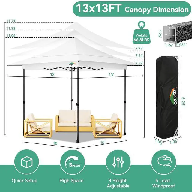 Alt view image 7 of 7 - 13x13 Pop Up Canopy Tent Heavy Duty with Sidewalls & Auto-Extending Eaves Outdoor Gazebo Easy Up for Backyard Party Commercial Events, All Weather Waterproof UV 50+(Leg Upgraded) White