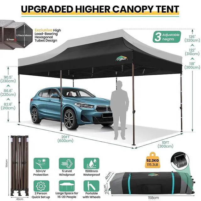 Alt view image 4 of 7 - 10x20 Pop up Canopy Without Sidewall Heavy Duty Commercial Outdoor Gazebo Easy Up Wedding Party Tents for Parties with Roller Bag, All Season Wind & Waterproof UPF50+(Upgrade Hexagonal Tube)