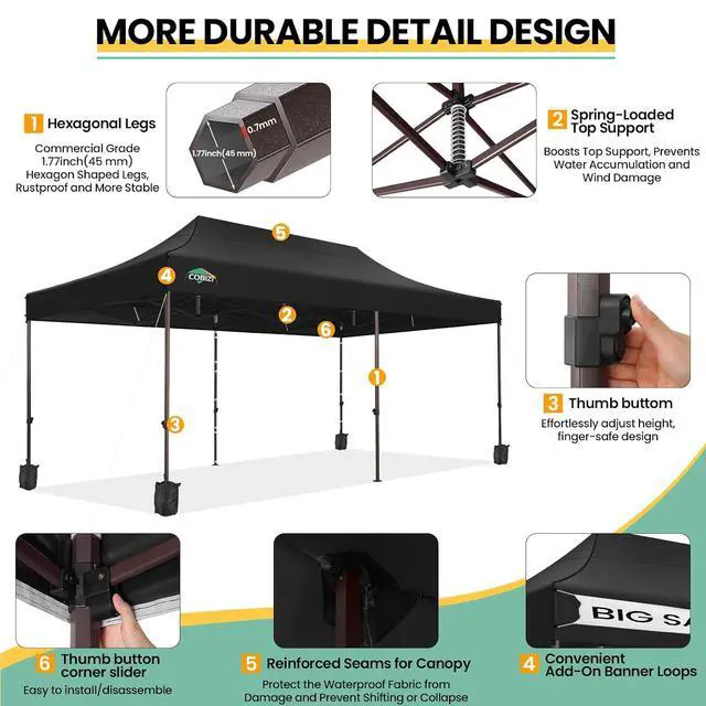 Alt view image 7 of 7 - 10x20 Pop up Canopy Without Sidewall Heavy Duty Commercial Outdoor Gazebo Easy Up Wedding Party Tents for Parties with Roller Bag, All Season Wind & Waterproof UPF50+(Upgrade Hexagonal Tube)
