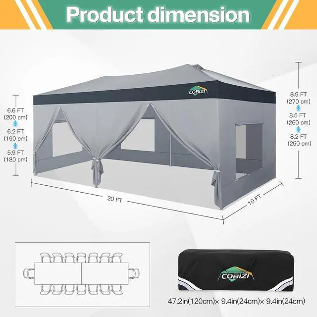 Alt view image 3 of 7 - 10x20 Pop Up Canopy Tent with Sidewalls, One Push Setup, Waterproof
