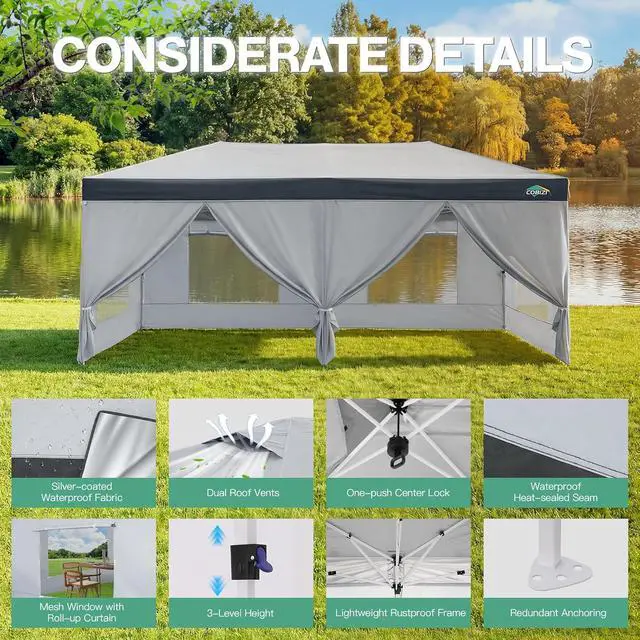 Alt view image 4 of 7 - 10x20 Pop Up Canopy Tent with Sidewalls, One Push Setup, Waterproof